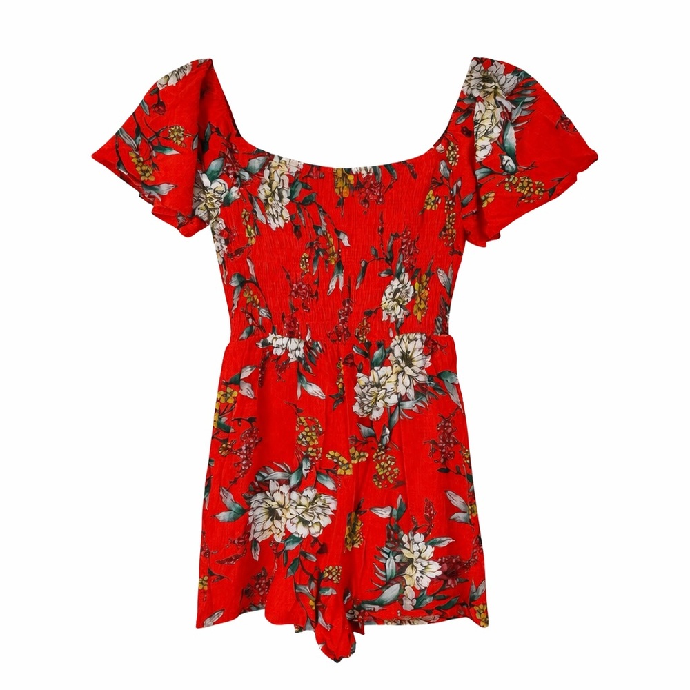 Lily Rose Red Floral Romper Off Shoulder Smocked Boho Festival